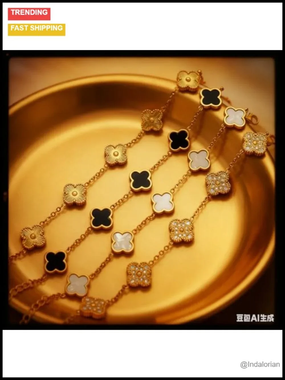 18K Gold Plated Stainless Steel Four Leaf Clover Link Bracelet Set Adjustable